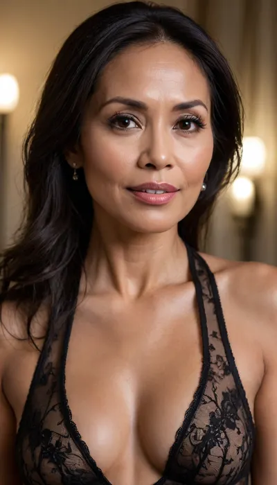 Close up of beautiful sexy slender 65 year old filipina-american, she is standing in black lace halter bodysuit and wearing a black miniskirt, 9
Brown eyes, thigh gap, black hair, age appropriate face and body, sultry look, the scene is at home at night, some wrinkles on face, soft smile, smoky eyes, she has her hands in her hair