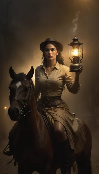 Monochrome + orange light, Wild West 1790, front view of a super sexy athletic and flat-chested gunslinger riding on her horse through Old West Ghost Town by night, (sits on horse saddle:1.7), (holds oil lamp in one hand:1.4), (bright golden light from the oil lantern illuminates her face and the entire surrounding:1.8), (entire horse in frame:1.9), rainy darkness, (hard rain:1.3), (soaked wet clothes:1.3), she wears, (a wet long beige dirty used coat:1.3), underneath a wet white cotton rough men's shirt with buttons, (a wet dark red miniskirt:1.4), (black fishnet stockings:1.4), cowboy boots, her very wet black hat is pulled low over her face, perfect face, perfect hands, dangerous aura, leaning forward against the rain and mist, wet perfect horse, breathtaking nature, emphasizing a cinematic, dystopian cowboy atmosphere, art Style & Technique is a dirty old style, Ultra-realistic digital painting with cinematic depth of field. Highly detailed texturing on leather, skin, and hair, dramatic contrast lighting and warm oil lamp light, a sharp foreground focus and a slightly blurred background to create depth, masterpiece, best quality, ultra-detailed, cinematic lighting, wild west, smoking weed, cannabis, Ultra-realistic Western art, highly detailed, cinematic moody lighting, tense but charismatic atmosphere, Black, and, white, art, black, shading, charcoal, toned, brutal, dark, b/w, color, scheme, kisyu, horse, riding, <lora:Black and white art.V1:2>, <lora:kisyu_XL_V1.0:1.2>
