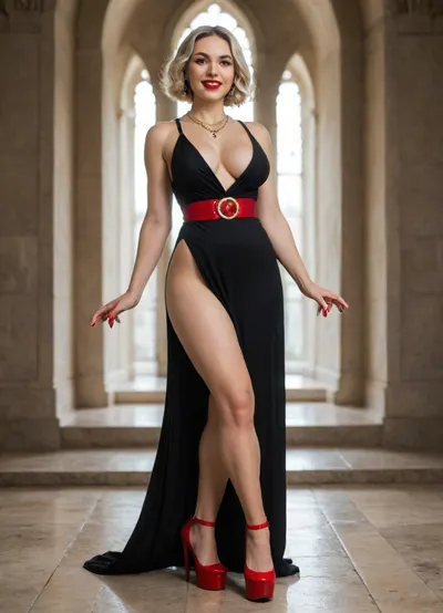 Gorgeous milf is 40 years old, her height is 165 centimeters, her weight is 55 kilograms, broad forehead, straight pointed nose, almond-shaped blue eyes, bob haircut, platinum blonde hair, thick silky hair, bright makeup, high cheekbones, toned slim face, straight chin, thick eyelashes, steep arch thin eyebrows, white even teeth in mouth, joyful smile, happy, (legs:1.3), with radiant skin, (body under black ball gown dress, red belt, very high platform red shoes), light skin color, warm skin, fit body, fit legs, fit physique, sexy big rounded hips, hourglass figure, (round fake breasts, (DDD-CUP), silicone breasts, bouncy breasts), highly detailed breasts, highly detailed skin, highly detailed face, highly detailed teeth, highly detailed hands, highly detailed arms, highly detailed fingers, highly detailed nails, highly detailed lips, highly detailed eyes, highly detailed legs, highly detailed hair, highly detailed body, realistic, (best quality), masterpiece, high resolution, wallpaper 8k, UHD, (high quality), (super detail), 8K, (highest quality), (best details), (perfect lighting), perfect natural lighting, (best shadow), (best shot), (best lighting), (best shadow, best shaded shadows), shot with a Nikon Z7 II camera, narrow waist is 70 centimeters, very high legs, very big bright red lips, plump red lips, fingers with red manicure, yellow gold earings, diamonds necklace, luxury hooker, posing inside a castle, in mountains.