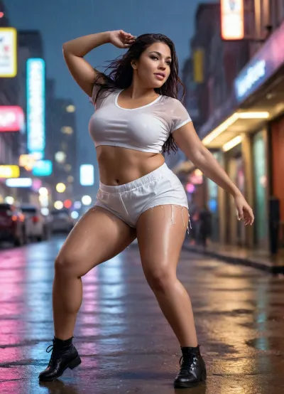 single subject, full body portrait of a beautiful young chubby Latina female in her early 30s dancing in the rain, long dark brown hair, perfect tanned complexion, she is biting her lower lip while looking back over her shoulder towards the camera, wearing a skin tight mesh white t-shirt and short shorts, splashing in puddles, cyberpunk, ultra HD, 4k, dramatic volumetric lighting, colorful bokeh, neon cityscape in the background, capture the smooth and graceful morion of the woman as she gleefully dances, photo realistic, <lora:Chubby BBW - XL:2>