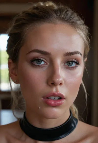 Create high quality picture with super high resolution, Camera closeup face, Outstanding Beautiful petite supermodel, 21-year old skinny girl, light blonde Side Braid Bun, glam Makeup, eyeliner, lipstick, full Lips, kissing, Defined nose, Long lashes, Glowing skin, Tender flushed cheeks, Upturned intense, luminous Eyes, fit, svelte, graceful, dainty Girl, Expensive silver jewelry, (Smoldering, Sultry, Alluring, Languid, Breathy gaze, begging, orgasmic face, cute looking, rolling eyes), (((massive facial, tons of cum. Flowing from mouth to chin))), cum on face, cum on hair, cum on legs, facial, open mouth, (location, expensive, modern glass lodge, light colors, Sunbeams penetrate through the bigglass window and illuminate body and hair from behind), (cum in mouth:1.3), Squirting from pussy, (bukkake, hard penises close around her face, penises spreading cum to face), (expensive black high-neck top, small tits contures visible through top, Pussy visible throgh wet slip), She sweats. bukkake, cum, facialized, superfacialized