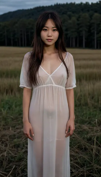 very dark focused flash photo of found footage of a 22 years old messy long haired japanese girl wearing dirty white sheer fabric long dress standing in the middle of tall grass field staring at you at night with a dark forest in the background, bangs, pale face, slightly smile, no make up, extremely low saturation, black night, black sky, front view, full body view, shadow from all direction, dark background, spade, <lora:sdxl_darkflash_v6-000060:2>, <lora:nobrav1_SDXL:.1>
