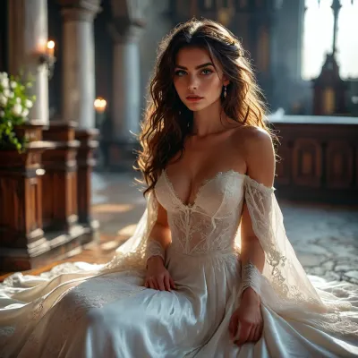 masterpiece, cinematic photo of one women, HQ, perfect light, perfect vibrant eyes, 25 year old bride, instagram model, ((((grabbed breast by left hand)))), (((masturbating by right hand))), laying on the alter in a church, (dark hair, very long wavy tousled hairstyle), looking into the camera, ((((elegant white satin and lace bridal dress)))), ((deep neckline)), edgOrgasm, focus, woman, with, edgOrgasm_face, masturbation, fingering, female_masturbation, grabbing_own_breast, <lora:BUT_SDXL_SHS:1>, <lora:MJ52:1.5>, <lora:Vivid Midjourney mimic - XL SDXL v2.0:1.6>