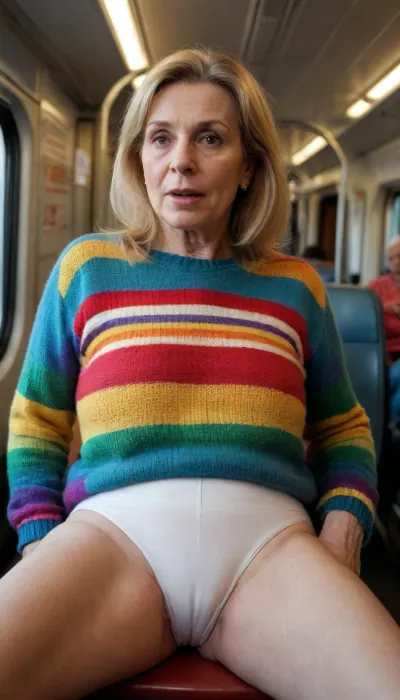 Tikhomirova Anastasia, 62-year-old woman, sweater, sitting on a train, in white cotton underpants, among many people, passers-by, legs spread apart, Multicolored, all the colors of the rainbow, <lora:sagging-000015:1.6>