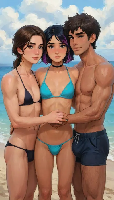 Andava, Andavaverse, The Group Take A Cute Photo On The Beach.

ALEXIS ROTH, Italian-Korean femboy, Height 5'5, A stylized anime-style featuring a feminine, androgynous anime character with bright-blue eyes, black hair and a headband, wearing fashion black bikini, highly detailed, intricate, visible penis bulge, showing toned abs and a relaxed confident expression, coy smile, black nails, The character is muscular yet slender, flat chest, blending masculine and feminine features. ANGELIA PELO ROTH, Italian-Korean, petite woman, Height 5'3, A confident young woman with wavy shoulder-length hair dyed in rich two-tone purple with slight magenta-highlights, parted slightly to the side, bright-grey eyes, wearing teal bikini, She has a toned body, small breasts, athletic midriff exposed. She accessorizes with a black choker around her neck, a thick black sweatband on one wrist, Her expression is confident and playful, slightly smug or teasing.The aesthetic is alt-girl, modern streetwear with punk/grunge influence.

JEREMY RAI, Dougla male, Height 5'6, dark brown skinned male, Alexis friend and school waterboy.A shy innocent boy. Mr Sahota illegitimate son.

perfect anatomy, best quality, 8k, insane details, intricate details, hyperdetailed, hyper quality, ultra detailed, professional, HDR, ray tracing reflection, cinematic lighting, highlydetailedbody, realisticface, highlydetailedhair, perfectfingers, insanelydetailed, 8K.highdetailedskin, highresolution, (j_cartoon:1.5), Drawing, Andi, uberfit, muscular, athletic, <lora:467443_training_data:1>, <lora:detailed_notrigger:2>, <lora:samdoesarts1.1-000030:.4>, <lora:J_cartoon:.3>, <lora:Animated_Concept:.4>
