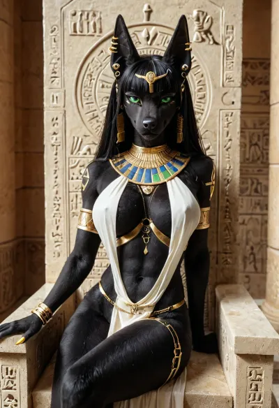 egyptian goddess, sitting relaxing on an egyptian throne, 1girl, (furry canine female), jackal anthro, (large green eyes), looking at viewer, egyptian jewelry, long black hair, hime cut, (((black furry body))), sexy loose top, loincloth, <lora:FursuitXL:.6>, (many earrings on ears), long golden nails claws, ((slim:1.4)), toned body, curvy, (her body covered with tattoos:1.5), biceps, (large quads), (wide hips), (flat ass), (large breasts), (erect nipples:.6), <lora:TLS:.8>