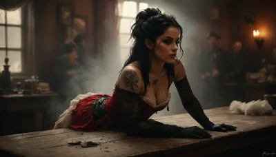 Monochrome, Wild West 1790, a super sexy athletic and flat-chested and very dark skinned Native American woman as Classic French cancan dancer crawling over the table in typical sexy costumes and black long hair, (black pubic hair:1.7), (all over tattoo:1.6), ruffles, garter belts and cancan in a saloon, lifts up her dark red miniskirt, (perfect pussy:1.7), she wears, (sexy cancan outfit:1.3), underneath a red lingerie, (dark red velvet dress with many white petticoats:1.4), (black fishnet stockings:1.4), cowboy boots, perfect face, perfect hands, dangerous aura, dancing on the polished wooden stage of a smoky frontier saloon, (pompom in one hand:1.3), warm golden lamplight, card tables and piano in the background, cowboys and gamblers glancing her way. Sawdust on the floor, haze of cigar smoke in the air, filled with dust and smoke, emphasizing a cinematic, dystopian cowboy atmosphere, art Style & Technique is a dirty old style, Ultra-realistic digital painting with cinematic depth of field. Highly detailed texturing on leather, skin, and hair, dramatic contrast lighting and warm dusty tones, a sharp foreground focus and a slightly blurred background to create depth, masterpiece, best quality, ultra-detailed, cinematic lighting, wild west, smoking weed, cannabis, Ultra-realistic Western art, highly detailed, cinematic moody lighting, tense but charismatic atmosphere., crowd, of, people, Black, and, white, art, black, shading, charcoal, toned, brutal, dark, b/w, color, scheme, <lora:crowd_notrigger:.8>, <lora:MJ52:.8>, <lora:Black and white art.V1:1.5>