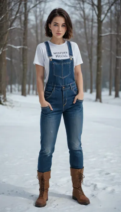 full-length, a girl with a snow-white pixie haircut, moist skin, beautiful legs and hips, shadows, seductive, low-cut T-shirts, triple push-up, graceful legs, overalls, work boots and white socks, strict appearance, strict, frowned