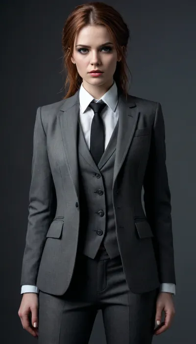 A classic suit with modern grunge elements, hyper detailed hyper realistic stunningly beautiful woman dressed in modern grunge fashion merged with classic tailoring style from head to toe, grunge makeup and accessories, classic suit accents with grungy flair, in the style of eve ventrue, 2d game art, clamp, porcelain, high-contrast shading