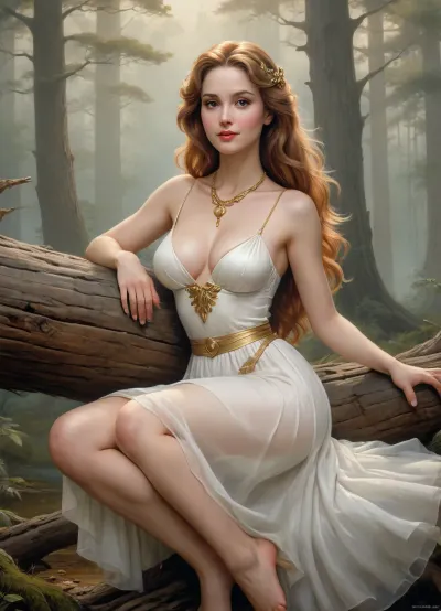 cartoon of an Unforgettable, award-winning illustration, captivating portait, exquisite features, radiantly elfish skin, silky flowing hair falling down her shoulders, transparent white tunic with large skirt, cleavage, big breasts, delicate fair fingers, golden necklace adorned around her slender neck. sitting on a log, holding skirt, one leg over other leg, showing sexy thighs, smile, looking to viewer, Behind her a mystical forest. fog, Soft morning mist carries whispers of ancient tales waiting to by, Michael Parkes &amp, Peter Elson, <lora:Cartoon_SDXL_V2-fixed:.5>
