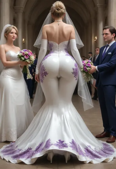 Skin tight white latex Hubble dress, bondage, ((hobble dress, wedding dress)), hobble, blonde ponytail, wedding venue, mature woman, 30 year old milf, wedding vail, holding an assortment of flowers, dress, huge ass, huge tits, snatched waist, high heels, super tight dress, knees touching together, strong calves, mermaid dress, rear view, (prominent gluteal fold), purple floral print, bottomheavy, big, ass, huge, gigantic, thick, thighs, massive, <lora:bottomheavy_v1_sdxl_tags:1.5>