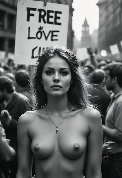 A symbolic image representing the right decisions in life, Berlin 1970, happy demonstration on street, (Monochrome image:1.4), 22 years old woman, spontaneous, (standing sex:1), during the demonstration, many people, (demonstration signs for "free love":1.6), free mind, sexual revolution, (groupsex:1.2), (orgy:1.4), best quality, ultra-detailed, cinematic lighting, smoking weed, cannabis, Ultra-realistic porn art, highly detailed, cinematic moody lighting, tense but charismatic atmosphere, crowd, of, people, Black, and, white, art, black, shading, charcoal, toned, brutal, dark, b/w, color, scheme, <lora:MJ52:.5>, <lora:Black and white art.V1:.9>, <lora:crowd_notrigger:.4>, <lora:RsmJemma1XL:.8>