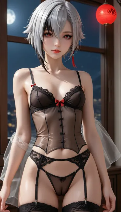 Girl from Genshin impact, Multicolour white_silver Hairstyle. Big, beautiful red eyes. Small breasts in lace bra, very slim body slim waist, wide thick hips, rounded ass. Bright neon stockings, garter belt. Night, dark red moon on background. A masterpiece of the highest quality, soft lighting, ultra-realistic, super detailed, Sexy Girl, (Shiny Skin), ((showing pussy in sexy panties, cameltoe)), ((transparent fabric:1.5)), (glossy oiled skin:1.5), sexy cleavage in corset, flat, chested, (genshin impact), zzArlecchino, <lora:flat_chested_v3.5:2>, <lora:SDXL Detail:2>, <lora:add-detail-xl:2>, <lora:ArlecchinoGenshinIXL:2>, <lora:EnvyZoomSliderXL01:2>