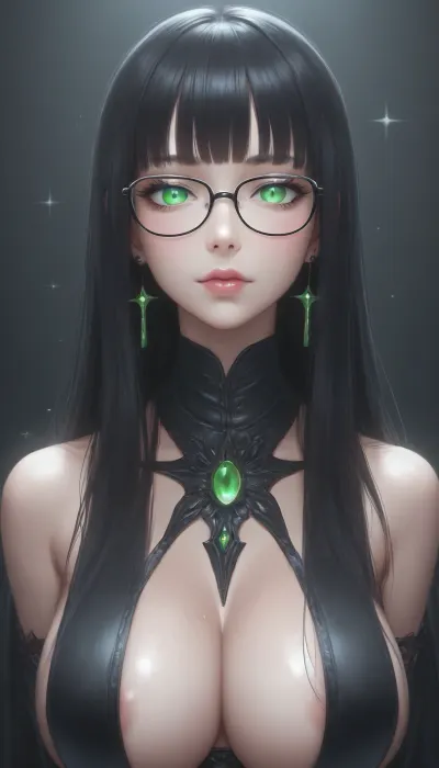 25 years old woman, huge tits, gigantic tits, straight bangs, green eyes, thick black glasses, extremely long hair, black hair, straight hair, eye, sparkle, looking at viewer, glowing, eyelashes, bust-up, <lora:Jeweled eyes-NAI:1.7>