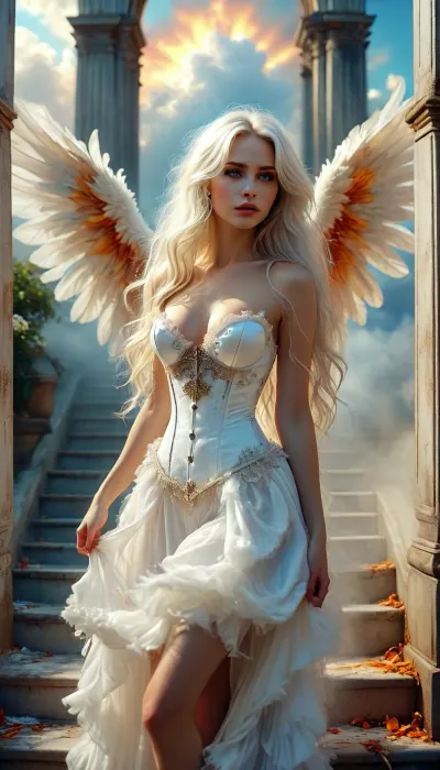 30 year female heavenly goddess seductress emerging from white clouds and blue skies, heavnly scene, white satin corset dress, 34c cleavage, erotic, sexy dress, she is coming to seduce you. Long white hair, seductive, short petite woman, heaven, city, garden, ink, wash, style, painting, artwork, angel, wings, angels, seraphim, Sexy, Cherubim, stairs, to, Ophanim, elevator, flaming, bush, streets, of, feathers, angelic, lamb, lion, <lora:BUT_SDXL_SHS:1.9>, <lora:WildcardX-XL-Detail-Enhancer:1.4>, <lora:MJ52:.1>, <lora:HeavenAngels-000008:.1>
