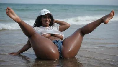 realistic photo, high detailed, full body view

50yo, obese, big head, african girl, black skin, (black skin:2.4), long curly wet hair, cameltoe, underboob, white wet shirt, long legs, thick lips, voluptuous saggy tits, jeans, wet hotpants, laying in deeper water, legs up, smiling

colar, earrings, white baseballcap, enormous high surf, enormous turbulent sea, high white topped waves, clear blue sky, bright sunlight, blurred background