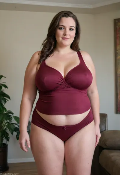 (masterpiece, best quality:1.2), very plus-size 1 mature milf, (((ssbbw))), ((oversized massive bosom)), 42yo milf, solo, (no bra, braless:1.2), pretty eyes, thick brown hair, bright grey eyes, slight grey in hair, in indoors, smiling, photorealism, perfect face, fat bbw, sagging belly, shapeless, saggy, (old big breasts, hanging deep, heavy boobs, big saggy old boobs, big teardrop shaped breasts, erect nipples), ((highwaist shorts, dark burgundy tank top)), big breasts, stretch, marks