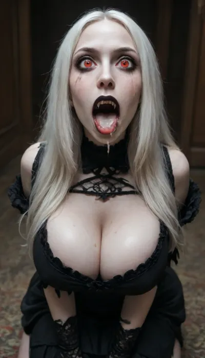 1 girl, 25 years old, on her knees, cum in mouth, drooling, (long hair:1), (white hair:2), (perfect body proportions), (narrow waist), (pale skin, skin whiteness:1.5), (huge breasts:1), ((bright red eyes), (surprised face), (vampire fangs), (sharp facial features:1.2), (narrow face:1.2), thick lips, black lipstick, (open mouth), (wide jaw), wide cheekbones, (long black lace gloves), (long black dress:1), (tight dress:2), (deep cleavage:1.5), (erect nipples), (fair skin), (penis in front of face), (ejaculation:1), (cum shot), (huge cock:1), (bukkake), (eye in cum), (hair in cum), (breast in cum), (face in cum), in the woods, at night)