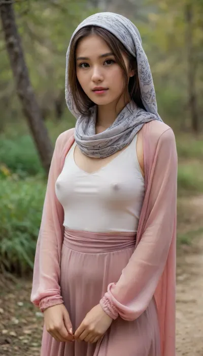 hentai beauty, 1girl, 18 years old, southeast asian girl, petite, detailed face, (scarf covering head, forehead, neck, hair), (undercap), kaftan, long sleeves shirt, long skirt, soft fabric, no, bra, covered, nipples, 3/4 body view, outdoor, <lora:nobrav1_SDXL:.2>