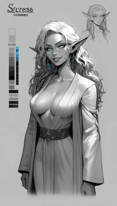 masterpiece, best quality, highly detailed, score_9, score_8_up, score_7_up, 1girl, (incase, incase style:.8), (mischievous esthetic, slender, elegant:1.2), (elf, elven princess, sorceress:1.2), (soft playful grin, seductive pose), (large expressive eyes, arcane robes), (large breasts, open robe), (character design sheet, concept art:1.2), <lora:princess_xl_v2:.8>