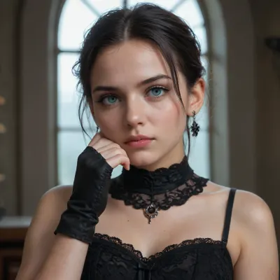 ((masterpiece)), (best quality), ((ultra-detailed)), Photorealism, hyper-detailed realistic skin textures, **, (high definition skin:1.1), (unflinching focus:1.1), (young beautiful girl:1.4), ** Mavis Dracula style, (black gothic lace dress:1.3), (black fingerless gloves:1.2), . **, (Face on:1.5), ** very short straight black hair, big blue eyes, vampire fangs, (bored/goth expression:1.3), .** Gothic castle interior, full moon lighting, high contrast.