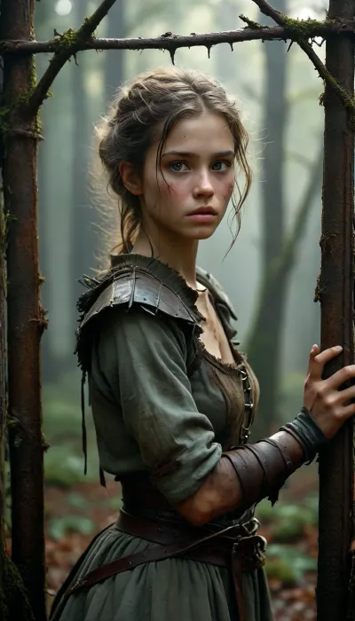 A girl in a tattered medieval tunic of coarse linen, with frayed edges and traces of dirt, stands in an iron cage that resembles an animal enclosure. Her hair is disheveled, her eyes are fearfully defiant, and her fingers are gripping the bars as if she's trying to defend herself. The cage is surrounded by a misty forest thicket, rusty spikes on the bars and shadows from the branches add to the sense of confinement. There are two hunters around, men in worn leather armor, daggers on their belts and crossbows on their backs. Their postures are aggressive — one is leaning toward the cage, grinning, his hand reaching for the lock, the other is half-turned, eyeing the captive with carnivorous interest. The hunters ' faces are a mixture of cruelty and lustful curiosity, narrowed eyes, stiff neck muscles, greasy grins. **Details to draw, **, **Textures, ** focus on the frayed fabric of the tunic, the gleam of the metal of the cage, the roughness of the tree bark in the background., **Lighting, ** the dim moonlight filtering through the fog creates sharp shadows on the hunters ' faces and glare on their weapons., **Emotions, ** fear and resistance in the girl's eyes, contrasting with the predatory passion of men., **Environment details, ** moss on the ground, broken branches underfoot, cobwebs in the corners of the cage. — * * Colors, ** a muted palette, (gray-green tones of the forest, dark brown leather of armor), with an emphasis on the pallor of the girl's skin and bloody reflections on metal. — * * Composition, ** a bottom view that highlights the threatening position of the hunters, a light haze for an atmosphere of alarm. **Technical instructions, ** Use ultra-detailed rendering for the characters ' faces and hands, 8K texture resolution for rendering small elements, (such as scratches on bars), and dynamic lighting with soft shadows. Add a motion blur to the background to focus your attention on the cell. * Restriction, The description does not contain explicit scenes of violence, but implies a tense atmosphere.*, fantasy, scaled, humanoid, <lora:add-detail-xl:.5>, <lora:MJ52:1>