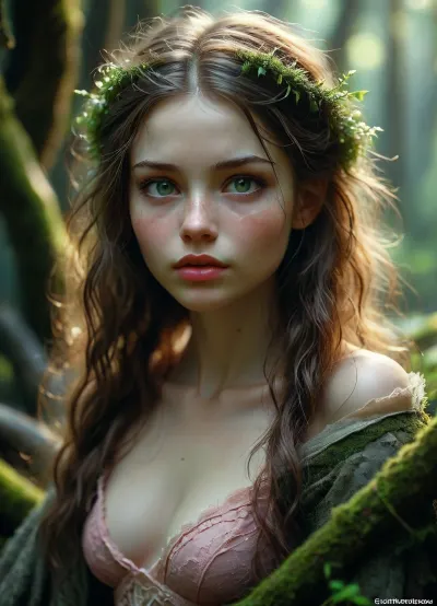 Beautiful Slavic woman, symmetrical face, high cheekbones, pale skin with light freckles, full natural pink lips, large almond-shaped green eyes, long dark chestnut hair with soft waves, seated on an ancient throne made of moss-covered tree roots in a misty forest. She looks directly at the viewer with a subtle playful smirk — mysterious, alluring, slightly unsettling. Sharp facial details, hyperrealistic skin texture, cinematic lighting, shallow depth of field, 85mm portrait lens, deformed face, extra limbs, cartoon, anime, illustration, ral-elctryzt, bioluminescent, glowing, <lora:MJ52:.8>, <lora:ral-elctryzt-sdxl:1.4>, <lora:277457_training_data:.8>