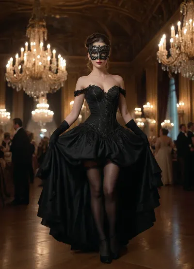 At a crowded grand masquerade ball, a European woman in black stockings and an ornate gown twirls under glittering chandeliers, her masked face mysterious. Her porcelain skin and dark eyes draw every gaze, weaving enchantment and intrigue in the opulent night. full body view from afar