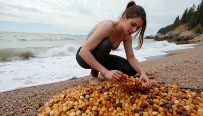 Photorealism, photorealistic, realistic, {woman collecting amber on the Baltic Sea coast}, lifelike, highly detailed, ultra-realistic, cinematic lighting, 8K