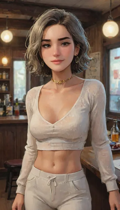 Andava, Andavaverse, DYLAN KARURA ROTH Traveling With Her Family and Arriving Beautiful At Tokyo Cocktail Bar.

DYLAN KARURA ROTH, East-Asian, Korean, MILF, Wife, confident and mature middle-aged woman, Height 5'7, a stylized character featuring sharp mature facial features Fine lines and wrinkles Especially around the eyes and mouth smile lines and forehead, two-tone black hair with silver highlights sleek bob-cut hairstyle, and expressive bright_grey_eyes, framed by thin-rimmed designer female glasses. wearing a fitted long-sleeve underboob crop top in a light beige or off-white color, which accentuates her figure. Her low-waisted low-rise loose-fit jogger pants are taupe or khaki, with a comfortable, slouchy silhouette that tapers at the ankles. She completes the look with black high-heeled open-toe shoes, adding a bold and elegant contrast to the relaxed bottoms. She accessorizes with a delicate jewellery belly chain featuring small charms and gemstones. The overall look is chic, athletic body, flat stomach, toned abs, accessorized with gold earrings and a jewelled choker and wedding ring. Her pose is poised and seductive relaxed, knowing smile and detailed_grey_eyes, blending professionalism with subtle sensuality. The character exudes authority and charm, with a slender yet athletic hourglass figure emphasizing elegance and confidence.Shes hard working mom of two 'Alexis and Pelo'.

perfect human female anatomy, best quality, 8k, insane details, intricate details, hyperdetailed, hyper quality, ultra detailed, professional, HDR, ray tracing reflection, cinematic lighting, highlydetailedbody, realisticface, highlydetailedhair, perfectfingers, insanelydetailed, 8K.highdetailedskin, highresolution, (j_cartoon:1.5), Drawing, grannie, uberfit, muscular, athletic, <lora:Older_woman-000008:2>, <lora:detailed_notrigger:2>, <lora:samdoesarts1.1-000030:.4>, <lora:J_cartoon:.3>, <lora:Animated_Concept:.4>