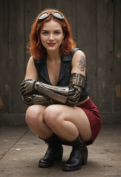 Cinematic view, 4k. A 25 year old woman. Full body. Mechanical arm. Clockwork arm. With a steampunk clockwork left arm. Pale skin. Bright red hair. Bright red lip stick. Slutty make-up. Come get me smile. Playful smile.

Full body render. Aviator goggles. Low squat. Mini skirt.