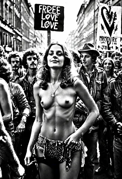 A symbolic image representing the right decisions in life, Berlin 1970, happy demonstration on street, (Monochrome image:1.4), 22 years old woman, spontaneous, (standing sex:1), during the demonstration, many people, (demonstration signs for "free love":1.6), free mind, sexual revolution, (groupsex:1.2), (orgy:1.4), best quality, ultra-detailed, cinematic lighting, smoking weed, cannabis, Ultra-realistic porn art, highly detailed, cinematic moody lighting, tense but charismatic atmosphere, crowd, of, people, <lora:MJ52:.5>, <lora:RsmJemma1XL:.8>, <lora:add-detail-xl:.8>