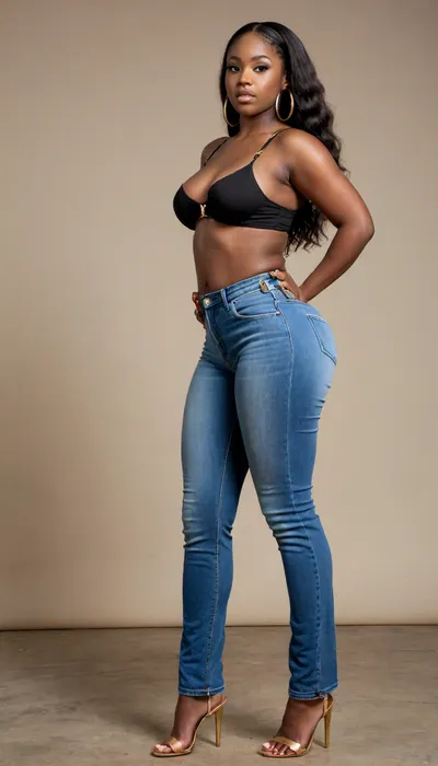 Extremely dark skinned African 20 year old extra thick body ghetto girl with very thick legs, very wide hips, big tits and a huge phat ass, wearing ultra lowrise jeans, a tube top, large gold hoop earrings, ((thong straps showing above pants)), partial side view looking seductively into the camera, NEGATIVE_HANDS