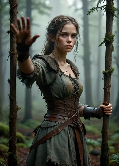 A girl in a tattered medieval tunic of coarse linen, with frayed edges and traces of dirt, stands in an iron cage that resembles an animal enclosure. Her hair is disheveled, her eyes are fearfully defiant, and her fingers are gripping the bars as if she's trying to defend herself. The cage is surrounded by a misty forest thicket, rusty spikes on the bars and shadows from the branches add to the sense of confinement. There are two hunters around, men in worn leather armor, daggers on their belts and crossbows on their backs. Their postures are aggressive — one is leaning toward the cage, grinning, his hand reaching for the lock, the other is half-turned, eyeing the captive with carnivorous interest. The hunters ' faces are a mixture of cruelty and lustful curiosity, narrowed eyes, stiff neck muscles, greasy grins. **Details to draw, **, **Textures, ** focus on the frayed fabric of the tunic, the gleam of the metal of the cage, the roughness of the tree bark in the background., **Lighting, ** the dim moonlight filtering through the fog creates sharp shadows on the hunters ' faces and glare on their weapons., **Emotions, ** fear and resistance in the girl's eyes, contrasting with the predatory passion of men., **Environment details, ** moss on the ground, broken branches underfoot, cobwebs in the corners of the cage. — * * Colors, ** a muted palette, (gray-green tones of the forest, dark brown leather of armor), with an emphasis on the pallor of the girl's skin and bloody reflections on metal. — * * Composition, ** a bottom view that highlights the threatening position of the hunters, a light haze for an atmosphere of alarm. **Technical instructions, ** Use ultra-detailed rendering for the characters ' faces and hands, 8K texture resolution for rendering small elements, (such as scratches on bars), and dynamic lighting with soft shadows. Add a motion blur to the background to focus your attention on the cell. * Restriction, The description does not contain explicit scenes of violence, but implies a tense atmosphere.*, fantasy, scaled, humanoid, <lora:add-detail-xl:.5>, <lora:MJ52:1>