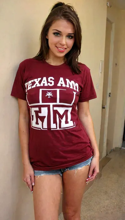 (Character), busty pretty 20-year-old coed, (Subject), Solo, (Makeup), light makeup, (Appearance), very pretty, eyes looking straight at us, pale skin flushed with pink skin, cute face, clear skin, close up, big luminous hazel eyes, long eyelashes, full moist lips, short and straight black hair with tan highlights tied in a ponytail, (Frame), Front-straight angle view, medium show, head is in frame, lower thighs are out of the frame, (Attire), (wearing a maroon Texas A&M t-shirt and nothing else:1.9), (breasts covered, bush exposed:1.8), (Body), short, 5 foot two inches tall, wide hips, huge natural 34G breasts with some sag, extremely wide areolae and big puffy nipples hidden be her shirt, very hairy bush, (Expression), looking directly at the viewer with a wide flirtatious smile., (Background), hallway in a college dorm, (Skin Show), shirt covers breasts and nipples, hairy bush exposed, (Quality), Detailed masterpiece, 8K, high definition, perfectly lit., but, clothes, braless, Wearing, that, make, sense, with, Braless>, <lora:MJ52:2>, <lora:add-detail-xl:2>, <lora:BUT_SDXL_SHS:.3>, <lora:bralessSDXL_v1_00022:1.5>, h41ry, <lora:h41ry:.8>