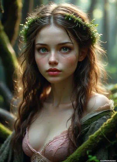Beautiful Slavic woman, symmetrical face, high cheekbones, pale skin with light freckles, full natural pink lips, large almond-shaped green eyes, long dark chestnut hair with soft waves, seated on an ancient throne made of moss-covered tree roots in a misty forest. She looks directly at the viewer with a subtle playful smirk — mysterious, alluring, slightly unsettling. Sharp facial details, hyperrealistic skin texture, cinematic lighting, shallow depth of field, 85mm portrait lens, deformed face, extra limbs, cartoon, anime, illustration, ral-elctryzt, bioluminescent, glowing, <lora:MJ52:.8>, <lora:ral-elctryzt-sdxl:1.4>, <lora:277457_training_data:.8>