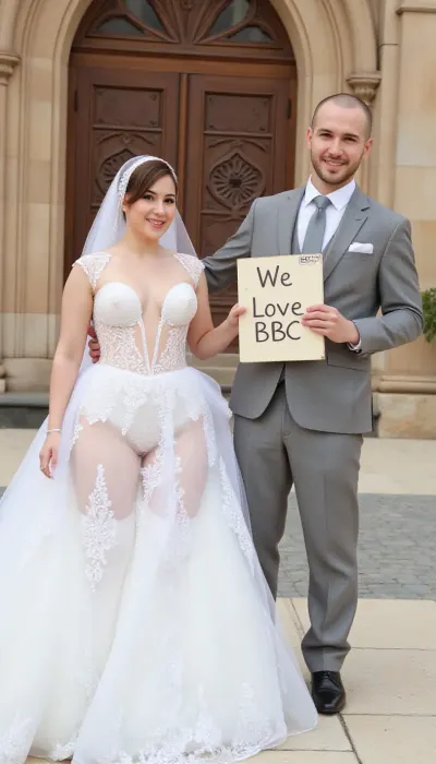 photo of a sexy iranian couple couple, persian super ultra busty bride and groom, (huge busty breasts:1.5), super sexy sheer ultra open deep v neck dress, super short wedding dress, white stockings and white garters. and long lace wedding veil. on their wedding day in front of a church, smiling. Brown hair, The groom holds a handmade sign with text, "We love BBC"., wedding, photo, groom, bride, <lora:female_beauty_v1_00:2>, <lora:wedding_photography_flux_lora:.9>