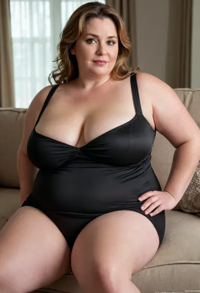 (mature, milf, obese:1.5), photorealistic image of Lu, a fictional 55-year-old mature MILF with a short, bottom-heavy pear-shaped BBW figure. She has wide hips, thick thighs, a cinched waist, and a full, softly contoured bust shaped by age and gravity. Her skin is smooth with subtle signs of middle-aged maturity—gentle creases around her expressive amber eyes and a natural softness to her cheeks. Her face is chubby and oval-shaped, with full, voluptuous lips and bold, expressive eyebrows. Lu’s hair is light brown with subtle caramel highlights and soft gray strands that add character and depth. She reclines comfortably on a plush couch in a cozy, warmly lit living room. She wears a black modal lounge dress with a scoop neckline that gently reveals her décolleté, styled to drape naturally over her curvaceous frame. Her posture is relaxed—one leg bent, the other extended—with her arm resting on a cushion. The lighting is soft and flattering, casting warm shadows across the scene. Lu gazes directly at the viewer with a confident, emotionally authentic expression that reflects her quiet seduction, vulnerability, and mature allure. Her wedding ring glints subtly on her left hand, adding personal nuance to the moment.
