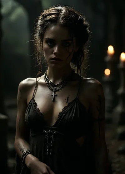 A girl with anthracite-colored hair pulled back in an intricate coiffure of intertwined dreadlocks, decorated with burnt clay beads and tiny silver pendants, stands in the middle of an abandoned cemetery in the thick night.Fucks a werewolf with a huge dick, puts his dick in her vagina, sex . With her ample breasts, narrow waist and rounded hips, her figure is wrapped in a draping fabric in warm golden tones, reminiscent of an ancient priestess ' veil — the material shimmers in the moonlight, exposing the curves of her body and creating a contrast between sacred aesthetics and sensual appeal. A face with sharp cheekbones, a high forehead and full lips the color of ripe cherries is distorted * * by a crazy smile**, the eyes are lined with black eyeliner, emphasizing the greenish sparks in the irises, and a thin vertical tattoo line is visible on the bridge of the nose, turning into a pattern on the forehead. Her head is crowned with a Gothic tiara made of blackened silver with spikes and inserts of amethyst, and on her neck and wrists there are traces of ritual incisions covered with amulets engraved with runes. She stands by a leaning cross that has grown into the ground between the graves. Her * * right hand rests on the rusty metal of the cross**, fingers with long nails painted black digging into the cracks of rust as if trying to leave their mark on it. His left arm is relaxed, but he's holding a dagger with a dark tar-stained blade. Her lips are * * a mad snarl**, revealing fangs with drops of blood-red glitter, and in the depths of her pupils dance sparks of witchfire, reflected in the patterns of the cross. Shadows swirl around her, taking on the shapes of ravens and smoke, and a semi-transparent haze snakes under her feet, in which you can guess the silhouettes of skeletons. Moonlight filtering through the clouds sets off her figure, emphasizing both fragility and menace, sexuality and mystical power. It's like she's whispering a spell against the cross, and when she touches it, the metal begins to smoke, leaving marks on the skin that look like sacred stigmata., <lora:dark:.6>, <lora:MJ52:.8>