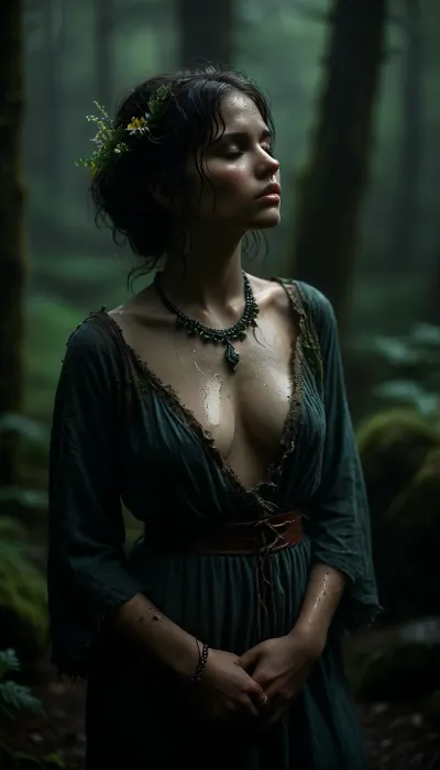 ** Witch girl in a relaxed pose in the rain.** Her raven-colored hair is loose, slightly wavy, with wooden beads woven into the strands and feathers sticking to her skin from the moisture. She is wearing a loose tunic made of natural linen in a milky shade, soaked in the rain, the fabric hugs her ample breasts, transparent in the light, but gently conceals the shape of her thighs, reaching to her knees. The left shoulder is exposed, and the sleeve of the right arm slides down, exposing the collarbone. Around her neck is a simple necklace made of river stones and leather, bracelets made of coarse textiles and turquoise. She stands barefoot on moss by an old stone well, surrounded by a wild forest of lichen-covered boulders, ferns, and rain-drenched flowers. Her posture is deliberately casual, her head is slightly thrown back, her eyes are closed, and her lips are slightly parted, as if she is inhaling the smell of rain. Her face is lightly flushed and her skin glistens with moisture. The rain washes softly over her, trickles down her back, neck, and legs, and the hem of her tunic sticks to her thighs, emphasizing their roundness. All around — fog mixed with rain, and the green of the forest, illuminated by the dim light of the moon. The atmosphere is calm, almost peaceful, no crows, no tombstones — just nature. Her image combines natural sexuality, (wet fabric, exposed skin), and harmony with the forest, and in her hand she holds a wreath of wildflowers, as if just woven. Details, drops on the eyelashes, a slight smile, bare feet pressed into the moss, and a warm skin tone that contrasts with the cold tones of the rain., witch_style, <lora:dark:.8>, <lora:MJ52:1.1>