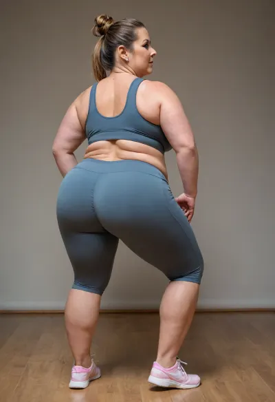 a chubby 50yo mature woman with stretch marks in a high-waisted sport outfit, looking at the camera, 45° sideview from behind, full waistline, full figured, large butt, squatting