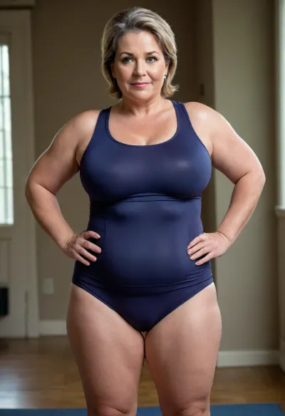 a chubby 50yo mature woman with stretch marks in a high-waisted sport outfit, looking at the camera, full waist, full figured, large breasts