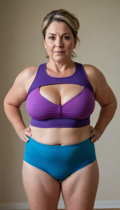 a chubby 50yo mature woman with stretch marks in a high-waisted sport outfit, looking at the camera, full waist, full figured, saggy, sagging, bulging pubic mound, pelvis, pubic mound