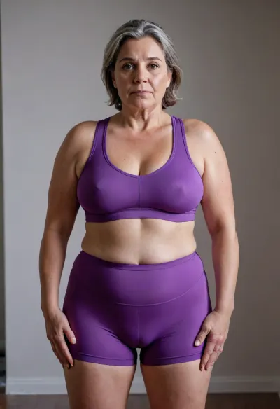a chubby 50yo mature woman with stretch marks in a purple high-waisted sport outfit, looking at the camera, full waist, full figured, saggy, sagging, bulging pubic mound, fuller pelvis, pubic mound, wide, huge, hips, narrow, waist