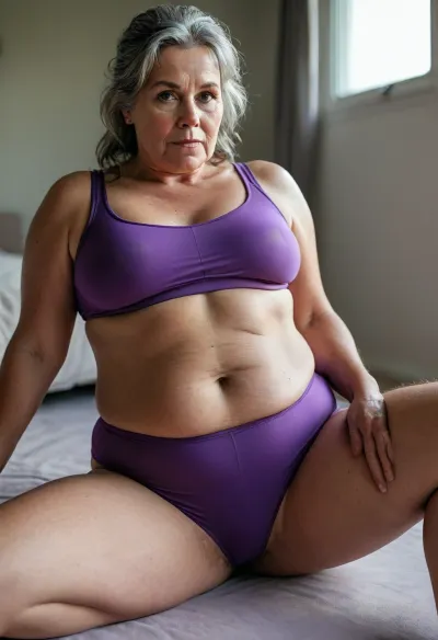 a chubby beautiful 50yo mature woman with stretch marks in a purple high-waisted sport outfit, looking at the camera, full waist, full figured, saggy, sagging, bulging pubic mound, fuller pelvis, pubic mound, wide, huge, hips, <lora:stretch_marks:.8>, <lora:MJ52:.8>