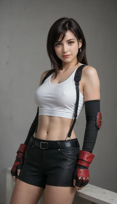 realistic portrait, Tifa Lockhart from Final Fantasy VII Remake, short dark hair, bangs, big brown eyes, slight smile, natural makeup, white sleeveless top, black sports bra under the top, black miniskirt with leather belt and suspenders, black shorts under the skirt, black gloves with metal knuckles, red boots, metal elbow pad on the left arm, neutral light background, soft studio lighting, photorealism, 8K, depth of field, detailed skin and fabric textures.