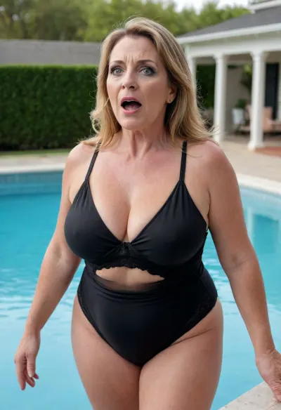 (mature:1.5), (open mouth), cumshot, chubby Obese milf, 45 years old married housewife wearing a black outfit, ((grapping her body)), looking at viewer, (captivating grey eyes:1.3), poolside