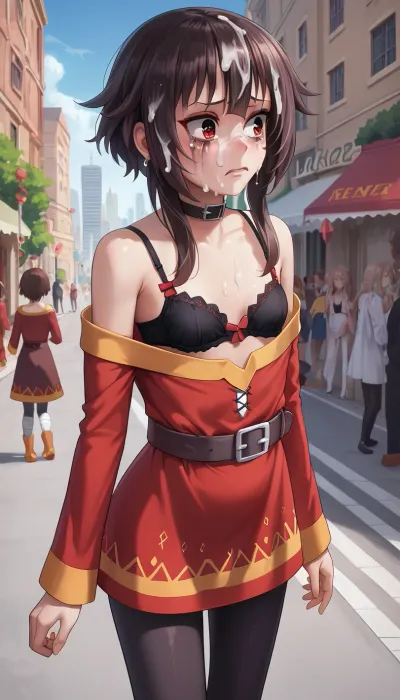 Standing, runny mascara, cum on face, megumin, tight mini dress, dress down, black bra, black pantyhose, outdoor, city ​​square, embarassed, look away