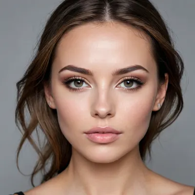 Here is a detailed description of the face in the image provided, suitable for input into an image generator, Facial Features, Overall Impression, A mature, symmetrical face with defined features and professionally applied makeup.
Skin, Fair to light skin tone. Texture appears smooth, likely enhanced by makeup. Some subtle signs of aging around the eyes and forehead, (fine lines), .
Eyes, Almond-shaped, medium-sized eyes with a warm brown iris. The makeup emphasizes the eyes with dark eyeliner on the upper lid and subtle eyeshadow. Well-defined eyebrows with a natural arch, filled in to enhance their shape.
Nose, Medium-sized, straight nose with a slightly rounded tip. The bridge of the nose is well-defined.
Mouth, Medium-sized lips with a natural pink color. The upper lip is slightly thinner than the lower lip.
Cheeks, Defined cheekbones, subtly highlighted with blush to add warmth and contour.
Jawline, A soft, slightly rounded jawline.

Hair, Dark brown, almost black hair is styled in a somewhat formal, semi-updo.
The hair is wavy and pulled back from the face with some loose strands framing the face.