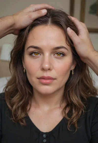 POV, chubby Obese milf, 55 years old married housewife wearing a black outfit, long hair, ((man grapping her head)), looking at viewer, (captivating amber eyes:1.3), cozy bedroom